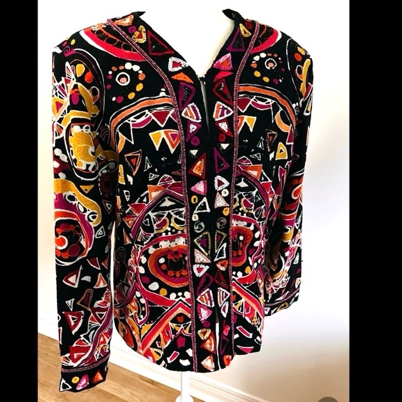 Multicolored sequin embellished jacket / geo design/ red black orange/ festive - Picture 10 of 15